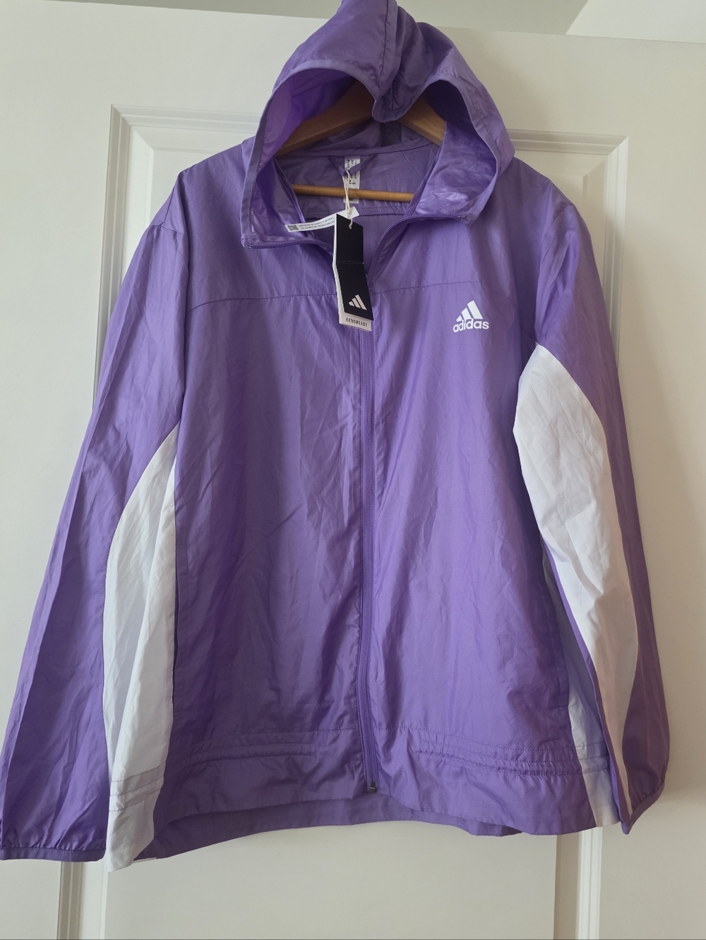Adidas Windbreaker Hoodie Zip Purple White Wmns XL NWT Activewear Athleisure